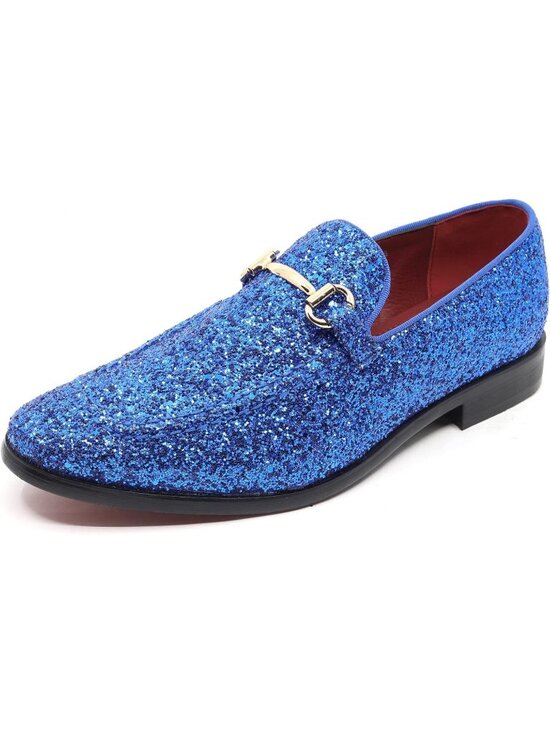 Metrocharm Men\'s Blue Glitter Rubber Velvet Loafers Gold Buckle Slip On Shoes main image 6